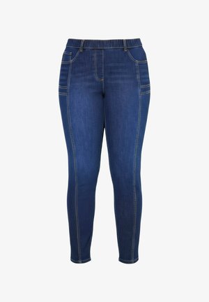 Donkerblauwe denimlegging met een elastische tailleband, voorzakken en contrasterende stiksels langs de zijkanten. Soepele textuur en een aansluitend design.