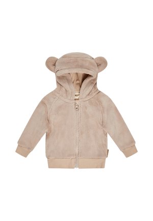 Beige fleece hoodie with bear ears, zip closure, and ribbed cuffs. Soft texture and lightweight design suitable for infants or young children.