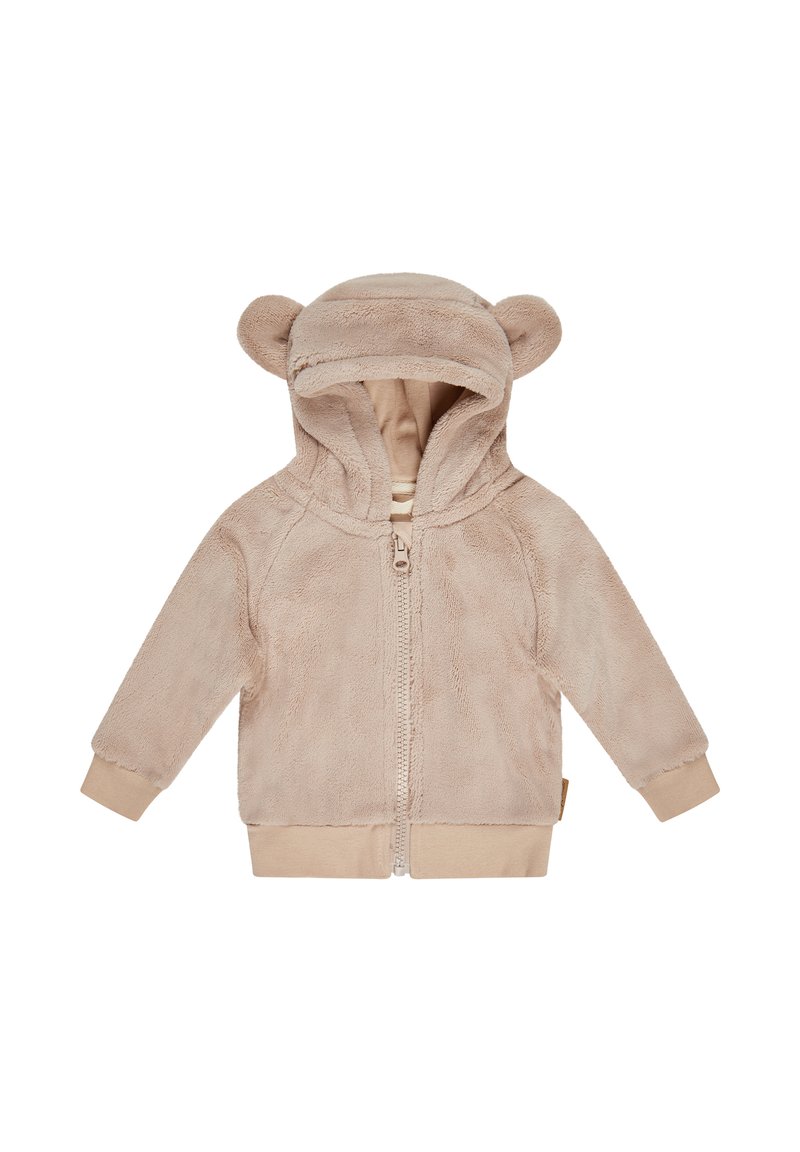 Beige fleece hoodie with bear ears, zip closure, and ribbed cuffs. Soft texture and lightweight design suitable for infants or young children.