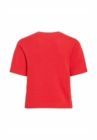 Haut en maille rouge à manches courtes avec un côtes horizontales texturées et un col rond, des poignets et un ourlet côtelés, montré de dos.