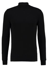Pull noir à col roulé à manches longues avec col, poignets et ourlet côtelés, présenté sur fond blanc.
