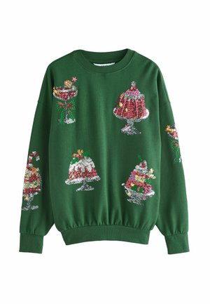 Green sweater featuring colorful sequin designs of festive desserts in bowls, with ribbed cuffs and hem. Soft texture, casual fit.