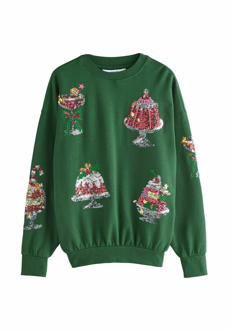 Pulover verde cu un design colorat din paiete, reprezentând deserturi festive în boluri, cu manșete și tiv cu nervuri. Textură moale, croială casuală.