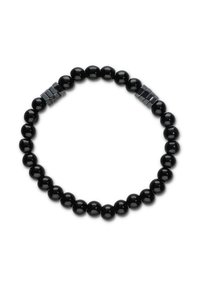 Zwarte kralenarmband met glanzende ronde kralen, afgewisseld met metalen vierkante accenten voor contrast en textuur.