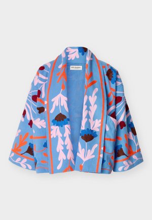 Short blue kimono jacket with pink, orange, and dark floral embroidery, wide sleeves, and shawl collar, laid flat on a white background.