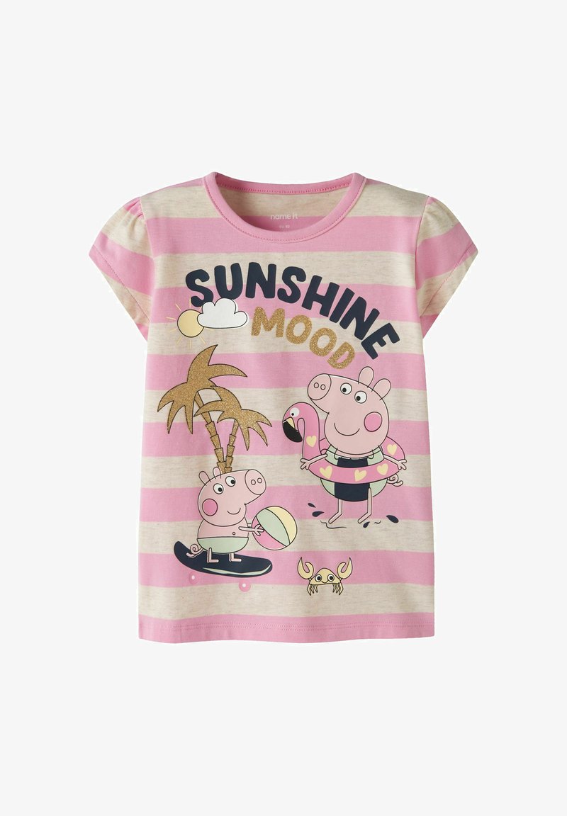 T-shirt enfant à rayures roses et crème avec le texte « Sunshine Mood », deux cochons dessinés jouant avec un ballon de plage et une bouée flamant rose, palmiers, crabe.