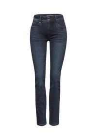 Slim-fit tumman siniset farkut korkealla vyötäröllä, kahdella etupainikkeella, vyölenkeillä sekä etu- ja takataskuilla.