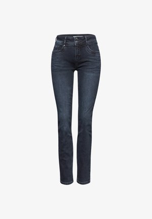 Schmale, dunkelblaue Denim-Jeans mit hoher Taille, zwei vorderen Knöpfen, Gürtelschlaufen sowie Front- und Gesäßtaschen.