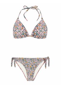Bikini-set met bloemenprint, bestaande uit een driehoekige top met strikbandjes en verstelbare zijkanten aan de onderkant, hoofdzakelijk in roze, groen en geel.