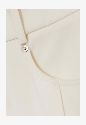 White fabric with a smooth texture and slight sheen, featuring a silver snap button and clean stitching along the edges.