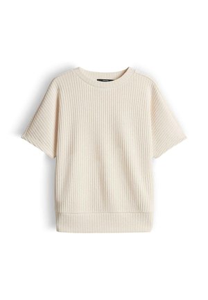 Maglione beige a maniche corte in maglia con texture a coste e scollo rotondo, disteso su uno sfondo bianco.
