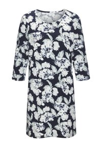 Abito floreale in tessuto blu navy con fiori bianchi e azzurri, scollatura rotonda e maniche a tre quarti. Materiale morbido in misto cotone.