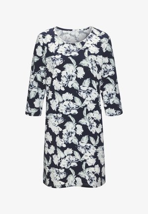 Kukkamekko tummansinisestä kankaasta, jossa on valkoisia ja vaaleansinisiä kukkia, pyöreä pääntie ja kolmannen neljänneksen hihat. Pehmeä puuvillasekoitekangas.