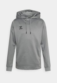 Grijze hooded sweatshirt van gladde stof. Beschikt over een vooraanstaande kangoeroezak, verstelbare trekkoorden en een zwart logo op de borst.