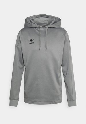 Grijze hooded sweatshirt van gladde stof. Beschikt over een vooraanstaande kangoeroezak, verstelbare trekkoorden en een zwart logo op de borst.