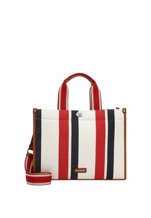 Strukturalna prostokątna torebka z czerwonymi, czarnymi i białymi pionowymi paskami, dwoma górnymi uchwytami oraz odpinanym paskiem na ramię.