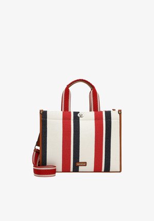 Struktureeritud kandiline käekott punaste, mustade ja valgete vertikaalsete triipudega, kahe pealmise sangaga ja eemaldatava õlarihmaga.