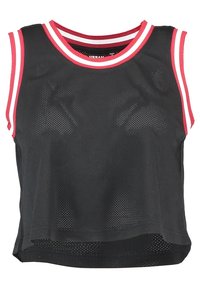 Musta verkko cropped tank top, jossa on punaiset ja valkoiset raidat kaula-aukossa. Ominaisuuksiin kuuluu avoin kudontatekstuuri ja löysä muotoilu. Ei näkyviä kiinnityksiä.