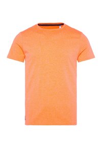 Krátký rukáv oranžového trička vyrobeného z měkké tkaniny, které má klasický kulatý výstřih a jemnou texturu s drobnými tmavými akcenty.