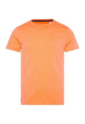 T-shirt arancione a maniche corte realizzato in tessuto morbido, con un classico scollatura a girocollo e una sottile texture con lievi dettagli scuri.