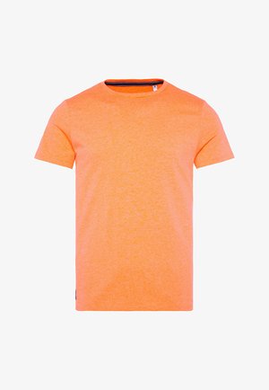 T-shirt arancione a maniche corte realizzato in tessuto morbido, con un classico scollatura a girocollo e una sottile texture con lievi dettagli scuri.