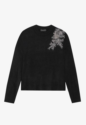 Schwarzer Pullover mit langen Ärmeln, rundem Ausschnitt und cropped Länge. Verfügt über aufwendige silberne Blumenstickerei auf der linken Seite.