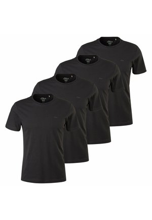 Four plain black short-sleeve crew neck t-shirts, arranged in a staggered overlapping row on a white background.