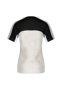 Maglietta sportiva a maniche corte con la parte superiore nera e la parte inferiore bianca, realizzata in tessuto leggero e traspirante con design senza cuciture.