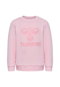 Różowa bluza z miękkiego materiału, z tonowym logo "hummel" i dekoracyjnym wzorem z przodu. Prążkowane mankiety i dół.
