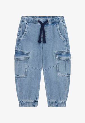 Hele sinised teksariidest beebipüksid elastsete mansettide, külgmiste klapiga taskute, eesmiste taskute ja mereväe sinise nöörvöökohaga.