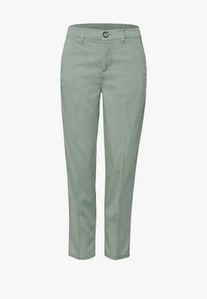 Lysegrønne bukser med lige ben, knap- og lynlåslukning, forlommer og bæltestropper.