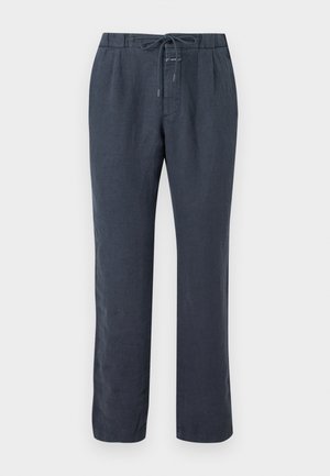 Dark gray casual pants with elastic waistband and front drawstring, straight-leg design, displayed on a neutral background.