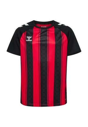 Kortærmet sportstrøje med lodrette røde og sorte striber, sorte skuldre og hvidt Hummel-logo på brystet og skuldrene.