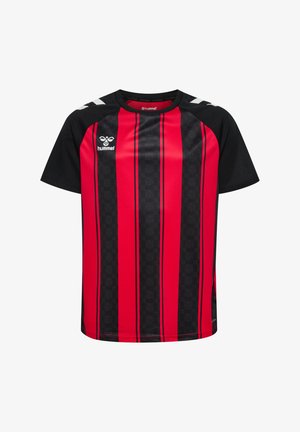 Kurzärmeliges Sporttrikot mit vertikal roten und schwarzen Streifen, schwarzen Schultern und weißem Hummel-Logo auf Brust und Schultern.