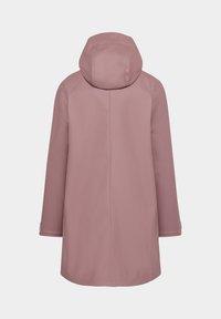 Long manteau imperméable mauve à capuche, vu de dos, avec manches longues et détails de couture simples.