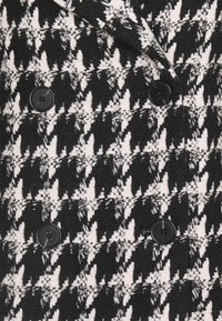 Kabát s kostkovaným vzorem houndstooth v černobílé kombinaci, vyrobený z texturované látky; má dvouřadý design a dva černé knoflíky na přední straně.