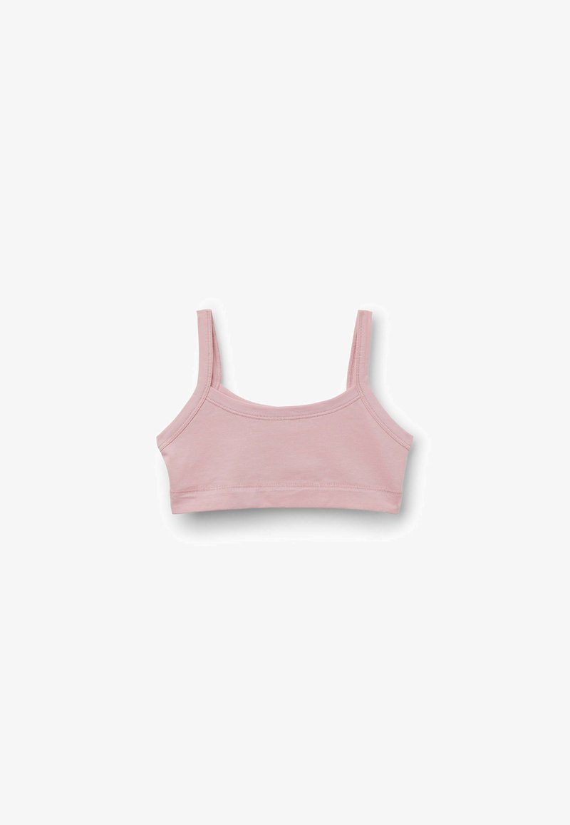 Bralette in cotone rosa pallido con scollatura quadrata, spalline sottili e regolabili, e bordi senza cuciture. Tessuto morbido e elastico con una consistenza liscia.