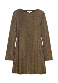 Braunes langärmliges Kleid mit lockerer Passform, aus einem glitzernden Stoff gefertigt. Verfügt über einen runden Ausschnitt und eine glatte, strukturierte Oberfläche.