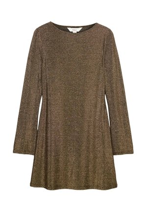 Bruine langemouwen jurk met een relaxte fit, gemaakt van een glinsterende stof. Heeft een ronde halslijn en een gladde, gestructureerde oppervlakte.