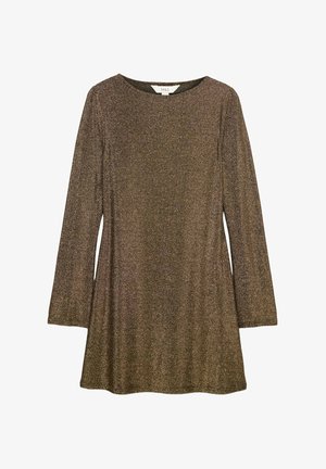 Bruine langemouwen jurk met een relaxte fit, gemaakt van een glinsterende stof. Heeft een ronde halslijn en een gladde, gestructureerde oppervlakte.