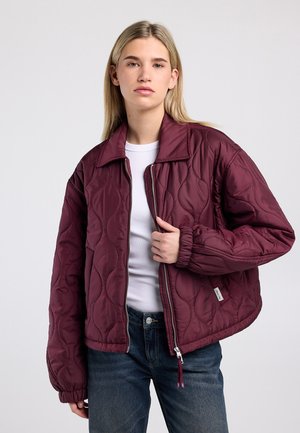 Giovane donna che indossa una giacca trapuntata color marrone scuro sopra una camicia bianca e jeans blu, in piedi contro uno sfondo chiaro e uniforme.