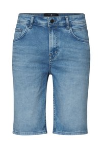 Bermudas de mezclilla azul claro con cinco bolsillos, un botón frontales y corte recto. Presentan un lavado desgastado y dobladillos cosidos.