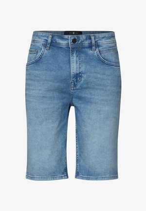 Hellblaue Jeansshorts mit fünf Taschen, einem vorderen Knopf und geradem Schnitt. Sie verfügen über eine gewaschene Optik und gestickte Säume.