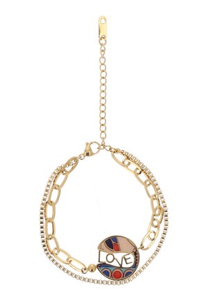 Dobbelt guldarmbånd med en farverig emaljevedhæng formet som en Pac-Man-figur, der staver "LOVE" indeni.
