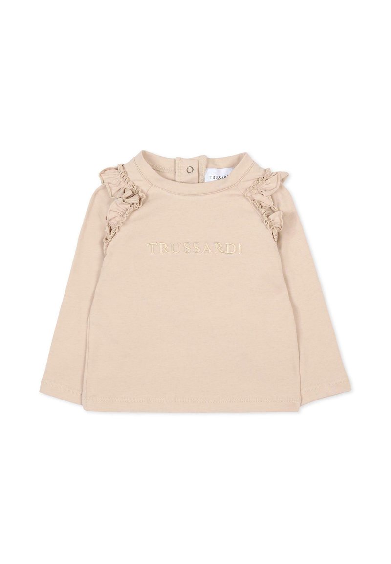 Haut beige à manches longues avec des accents volants sur les épaules, doté d'un col rond et d'un logo "TRUSSARDI" brodé sur le devant.