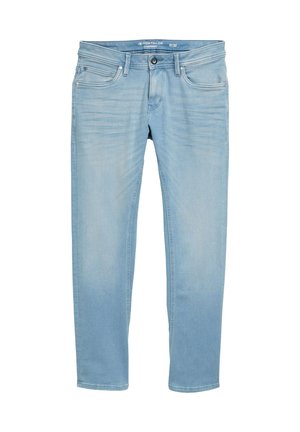 Světle modré tapered džíny s předním knoflíkem, poutky na opasek a pěti kapsami, velikost 31/32 od značky Tom Tailor.