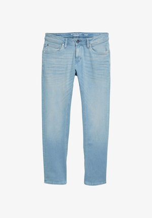 Světle modré tapered džíny s předním knoflíkem, poutky na opasek a pěti kapsami, velikost 31/32 od značky Tom Tailor.