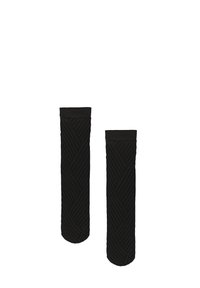 Scaldamuscoli neri in maglia con un motivo a spina di pesce testurizzato, dotati di un polsino solido nella parte superiore. Design leggero e flessibile.