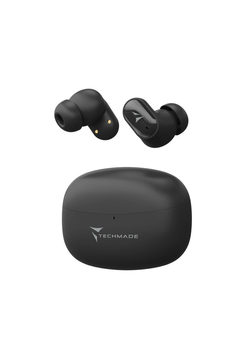 Auricolari wireless di colore nero opaco con forma arrotondata e riflessi lucidi, contenuti in una custodia di ricarica compatta abbinata con logo.