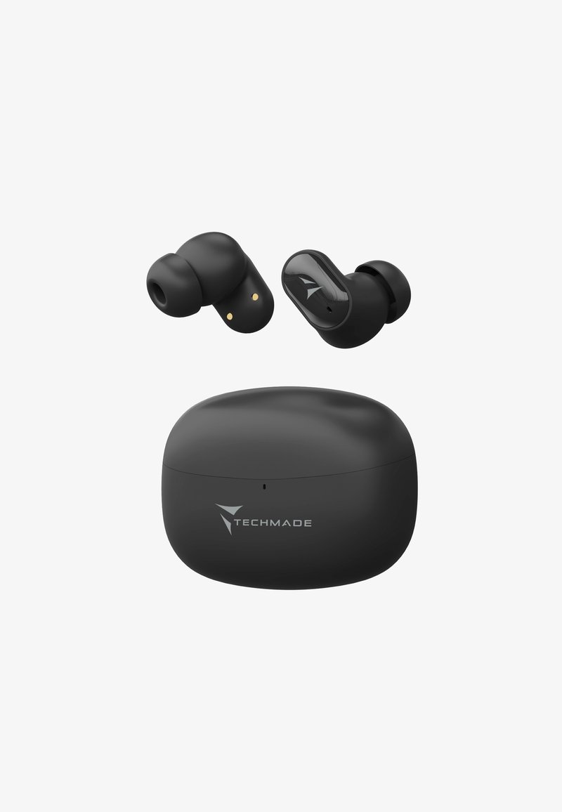 Auricolari wireless di colore nero opaco con forma arrotondata e riflessi lucidi, contenuti in una custodia di ricarica compatta abbinata con logo.